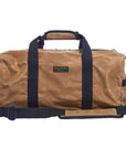 Waxed canvas duffel bag with webbing straps, padded handle and brass zipper