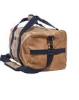 Waxed canvas duffel bag with webbing straps, padded handle and brass zipper