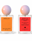 Front and back of the Dolly perfume bottle, orange front label and red back label listing pistachio, jasmine and caramel