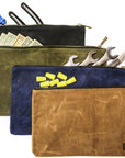 Waxed canvas zipper tool bags in tan, olive, navy and black