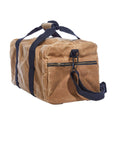 Waxed canvas duffel bag with webbing straps, padded handle and brass zipper