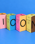 Four Icons perfume boxes spelling ICON on a blue background, including Betsey, Julia and Whitney