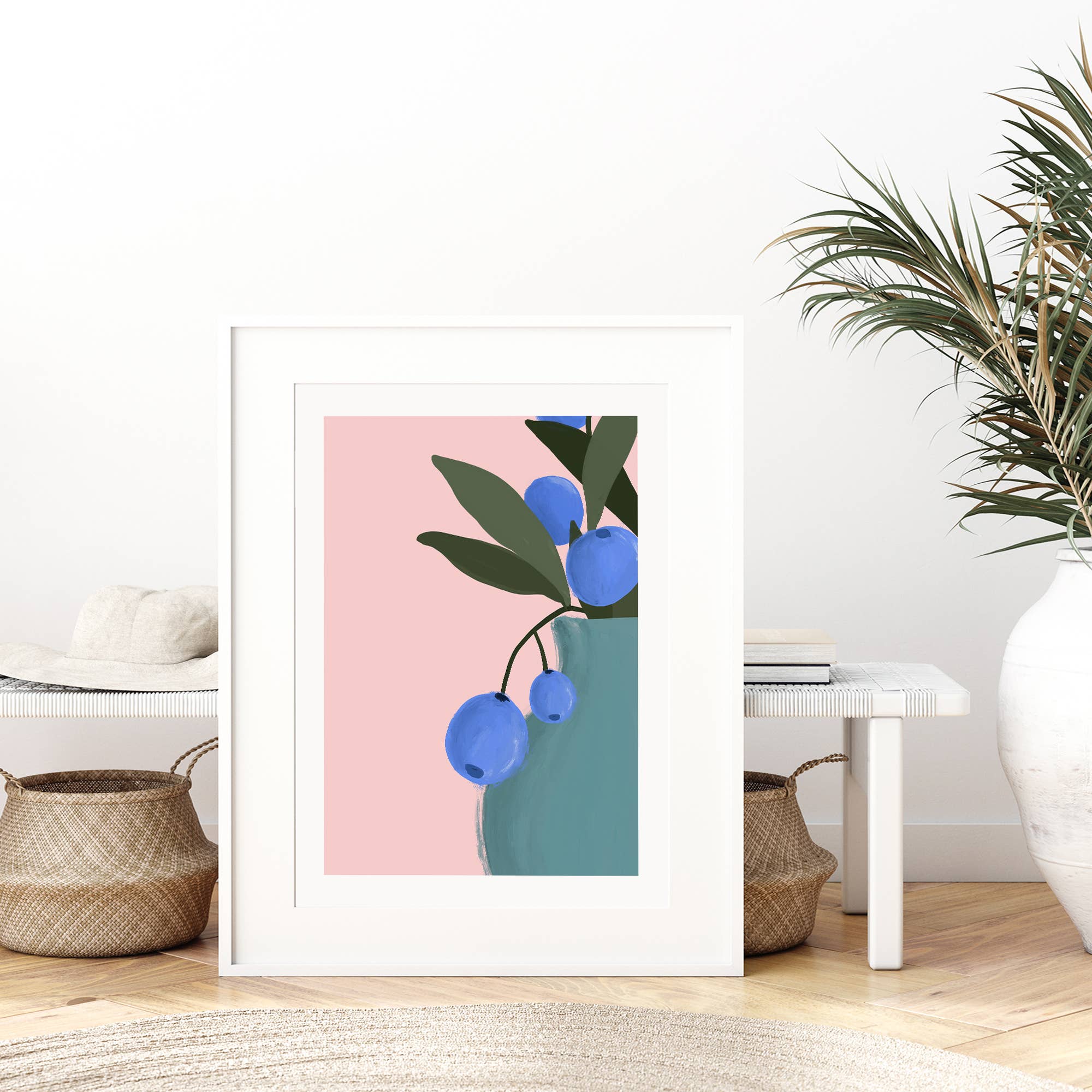 Bring color to your walls with this vibrant blueberry bouquet print! A bold pink background and modern style add cheerful energy to any space.