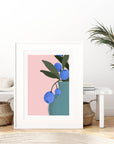 Bring color to your walls with this vibrant blueberry bouquet print! A bold pink background and modern style add cheerful energy to any space.