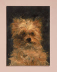 Painting of a dog's face on a dark background