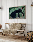 Dance the night away with this stunning art print of a young woman lounging after a dance. The contrast of her dark dress against the crazy comfy looking green couch makes for a striking artwork for any room. Perfect for adding a touch of elegance and whimsy to your home decor. 
