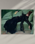 Dance the night away with this stunning art print of a young woman lounging after a dance. The contrast of her dark dress against the crazy comfy looking green couch makes for a striking artwork for any room. Perfect for adding a touch of elegance and whimsy to your home decor. 