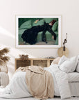Dance the night away with this stunning art print of a young woman lounging after a dance. The contrast of her dark dress against the crazy comfy looking green couch makes for a striking artwork for any room. Perfect for adding a touch of elegance and whimsy to your home decor. 