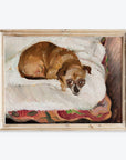 Painting of a dog lying on a bed with a colorful blanket