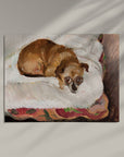 Painting of a small brown dog lying on a white cushion with a colorful border.