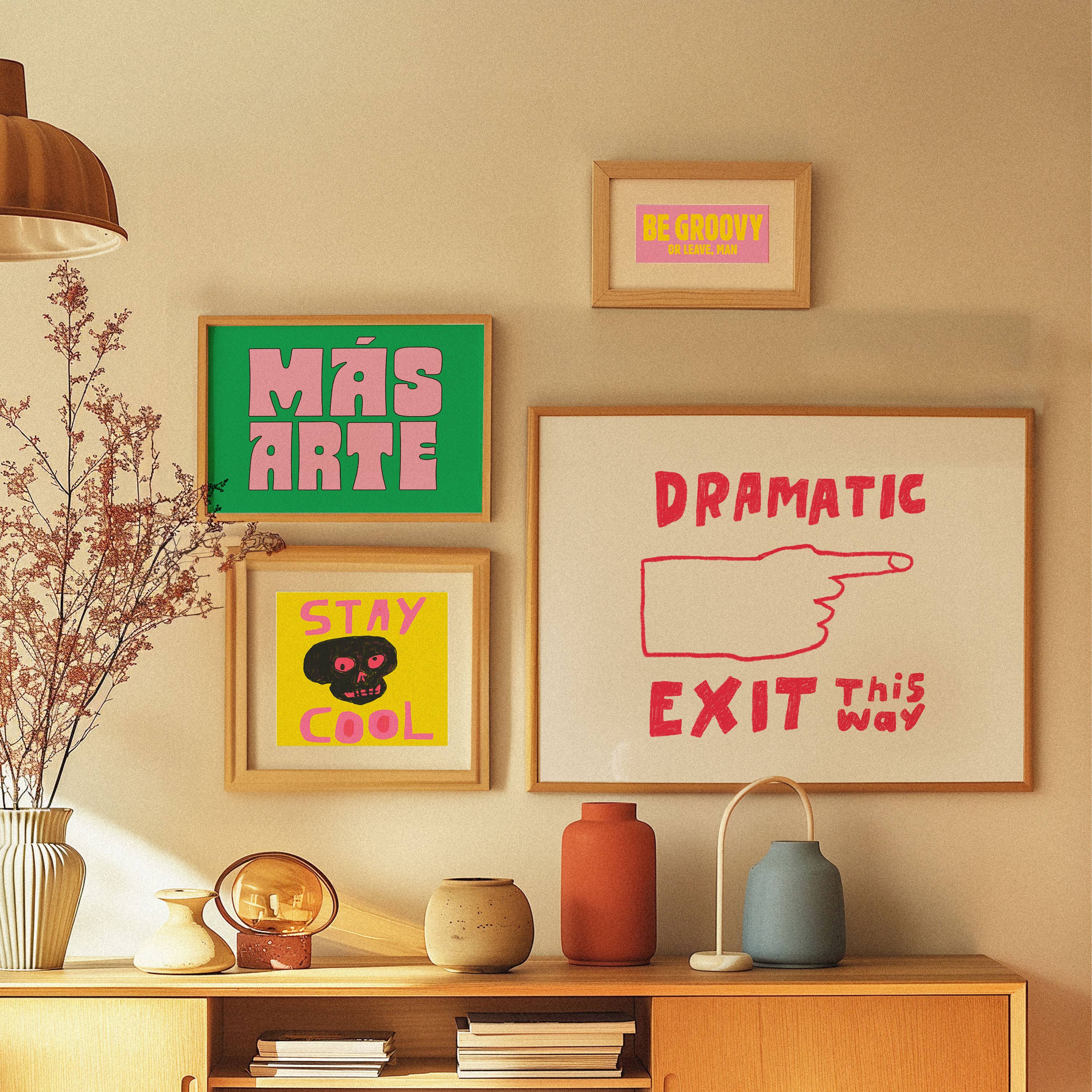 Make a Dramatic Exit with this bold red and blue print. Clean white background, hand-drawn lettering, and a pointing hand add playful charm to any space.
