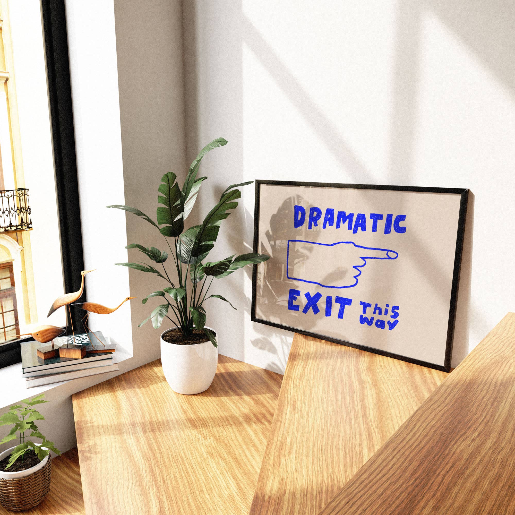 Make a Dramatic Exit with this bold red and blue print. Clean white background, hand-drawn lettering, and a pointing hand add playful charm to any space.