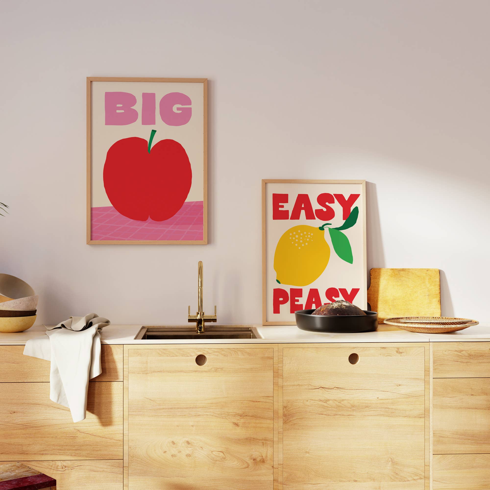 Add a splash of playful charm to your space with the Easy Peasy Lemon Squeezy Art Print by Kuku Studio. Featuring bold hand-drawn lettering and vibrant illustrations of lemons, this design pops in bright red, green, and yellow on a clean neutral background. Printed on luxe, giclée-quality matte paper, each print is designed and produced in Kuku Studio’s San Diego home studio.
