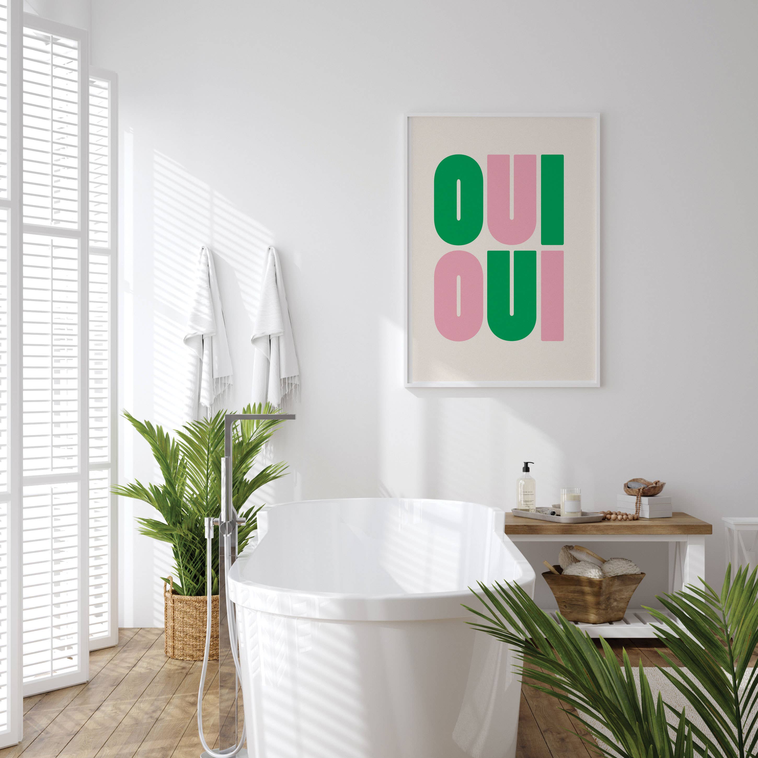 Say it twice with this bold Oui Oui art print. Pink and green text on a clean neutral background adds playful charm to any bathroom or gallery wall.