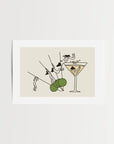 Illustration of a cocktail glass with a martini olive on a beige background