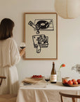 This piece of art celebrates the perfect night in. This unframed art print is a charming illustration of the ultimate combination: wine and vinyl. With its scribbley line texture, it has a wonderfully relaxed feel and modern aesthetic that’s a perfect addition to a living room, bar cart, or cozy reading nook. Perfect for wine lovers and foodies.