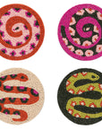 Set of 4 beaded coasters from Danica Studio’s Gardenland collection featuring bold snakes in earthy greens with pops of pink and red. Durable and eye-catching.