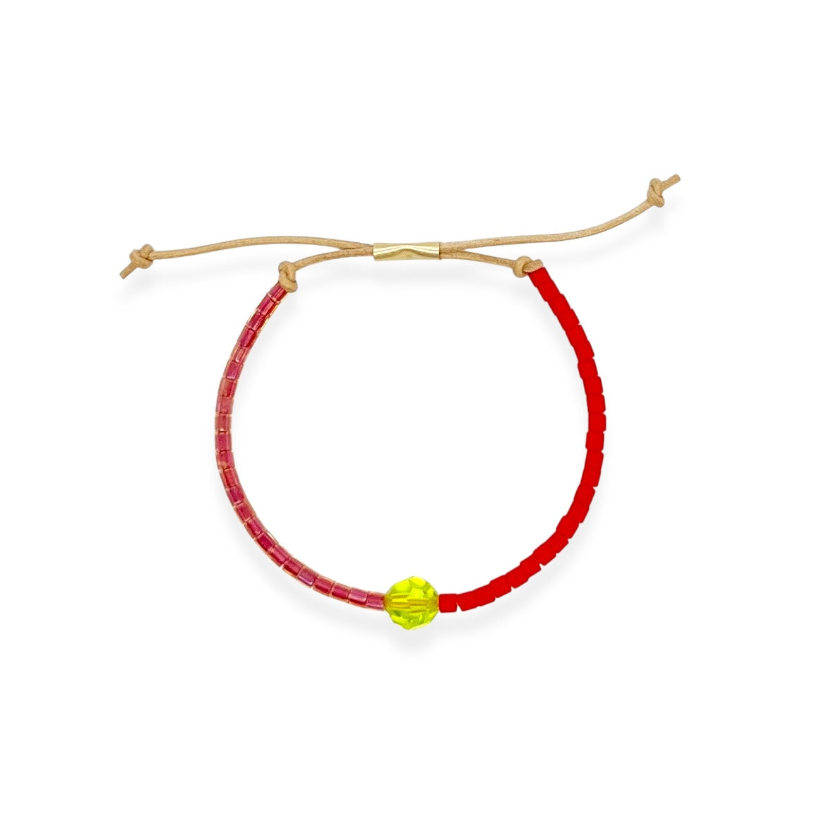 Grounded in natural beauty with a flash of brilliance, the Leather Bracelet brings texture and color together in one thoughtful design. Japanese glass beads are handwoven onto a supple leather band, accented with a singular hand-cut crystal and finished with a 14k gold-filled sliding clasp.