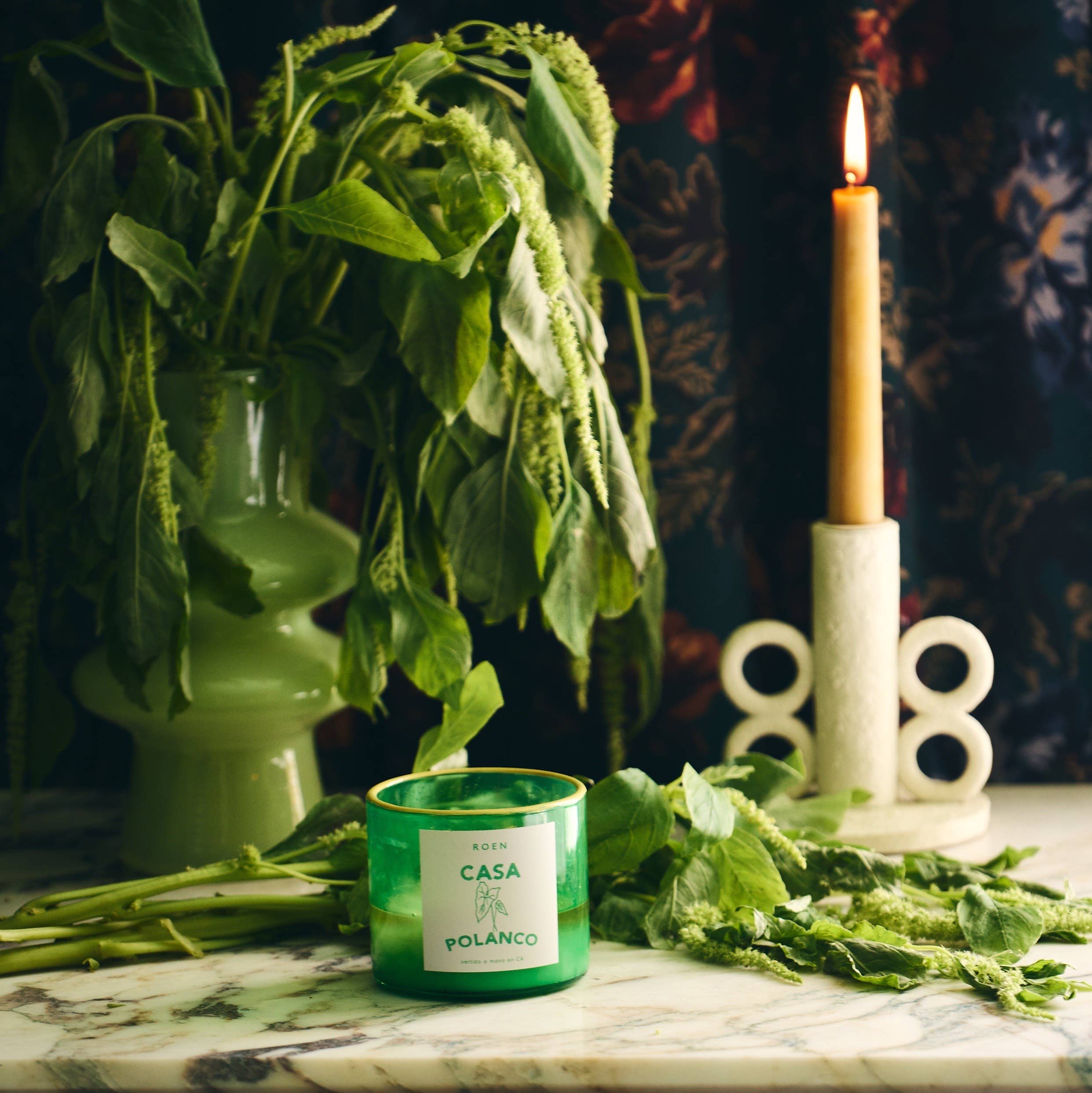 Inspired by Casa Polanco’s calm elegance with fresh linen, lush greenery, verbena, key lime, violet, and basil. Hand-painted jar designed to be re-loved and reused.