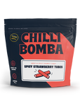 Spicy Strawberry Tubes filled with vanilla and coated in chamoy chili. Sweet, sour, and spicy candy with bold flavor. Made fresh weekly in the USA.