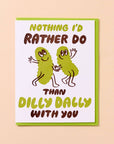 Card with cartoon characters and humorous text on a beige background