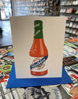Spice up your birthday wishes with this Hot Stuff Crystal greeting card! Made in Houston, Texas, this card features a bottle of Crystal hot sauce with a quirky message and unique illustrated artwork. Blank inside, perfect for adding your own unique touch. Get saucy and celebrate!
