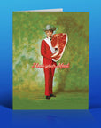 Card with a person in a red suit holding a large steak against a textured green background.
