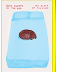 Celebrate the true boss of the house with the Sleep On The Bed Greeting Card, featuring the hilarious artwork of David Shrigley. Perfect for dog lovers, birthdays, or just a little everyday humor, this card is blank inside so you can add your own message—or let the art do the talking.