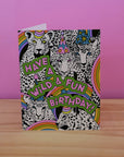 Card with leopards and birthday message on a pink background