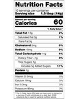 Nutrition facts label for a food product with serving size, calories, and nutritional content details.