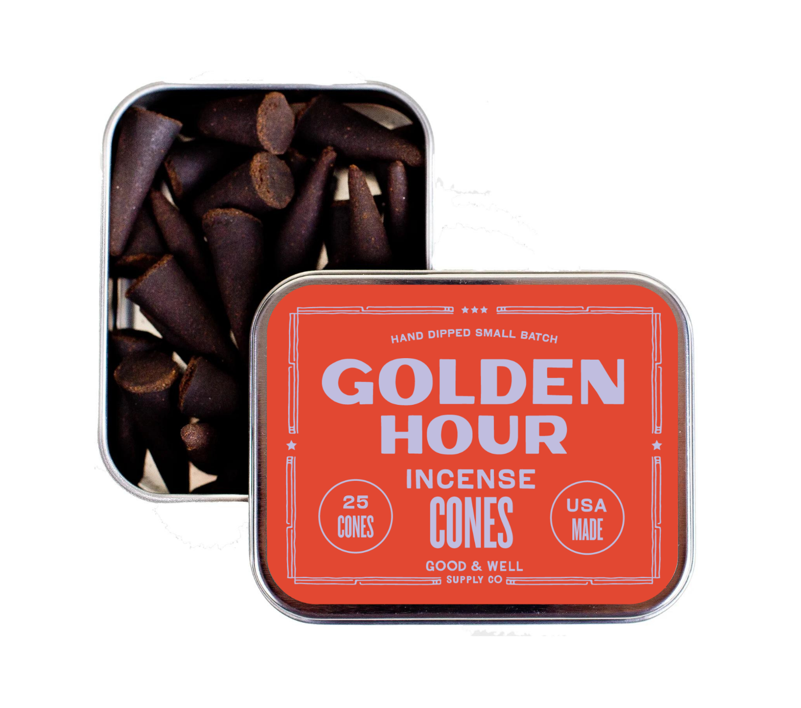 Golden Hour incense cones with notes of spice, amber, sandalwood, and musk. 25 hand-dipped cones in a reusable tin. Clean, nature-inspired, long-lasting scent.