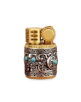 Decorative lighter with gold and bronze design on a white background