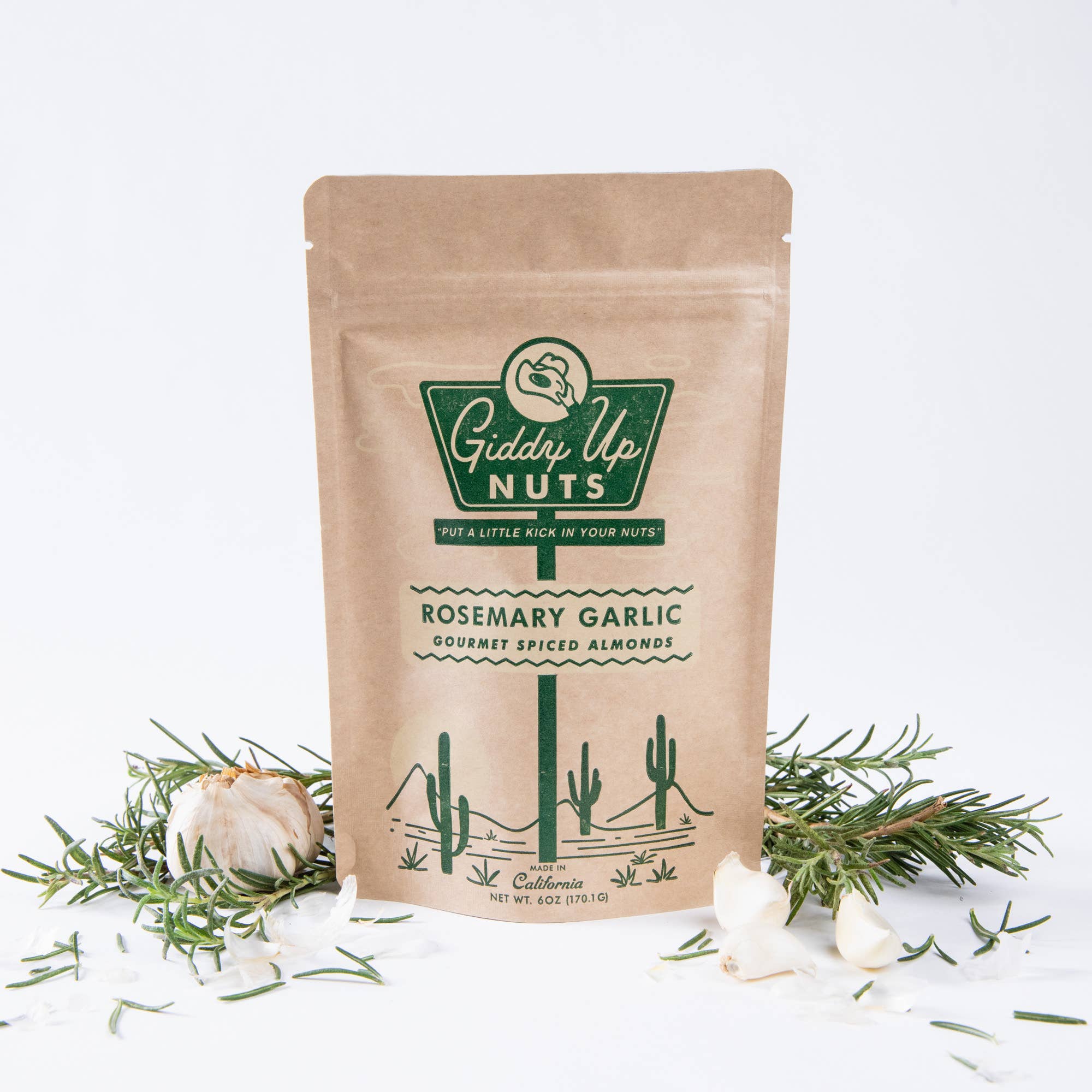 Savor bold flavor with Giddy Up Nuts' Rosemary Garlic almonds—small-batch California almonds seasoned with fresh herbs and all-natural, zesty goodness!
