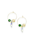 Understated elegance with a twist. The Small Muse Hoops combine a soft champagne crystal and a rich emerald green stone to frame an asymmetrical feature crystal at the center. The result is a beautifully balanced mix of refinement and individuality—perfect for the quietly powerful.