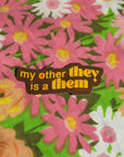 Floral pattern with a brown banner displaying text on a multicolored floral background