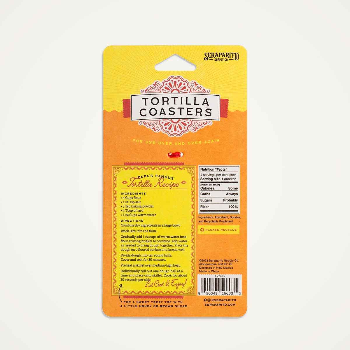Honor your love for fresh tortillas with these durable, absorbent coasters. Reusable and fun, they’re a perfect gift for any food lover or party host.