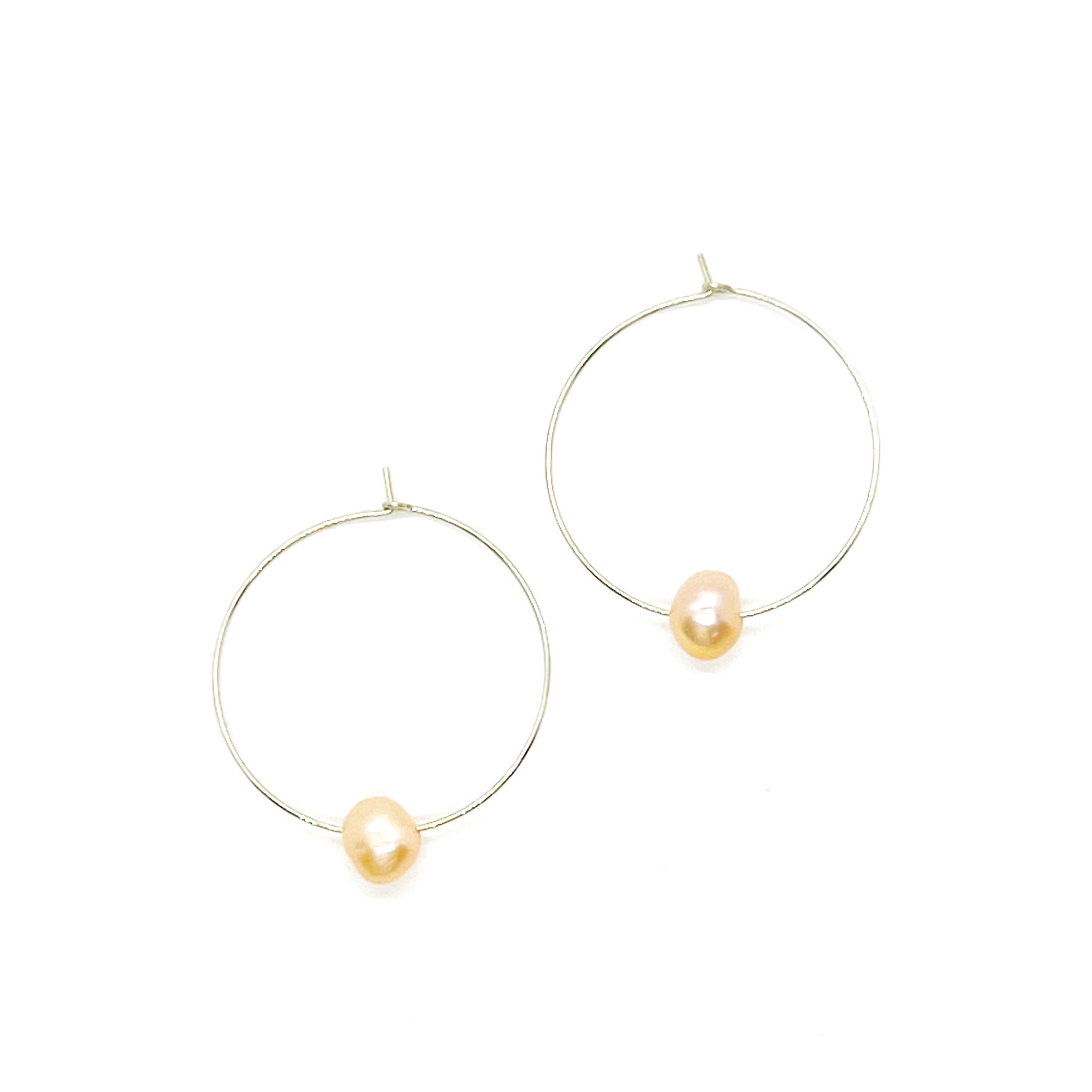 Solid 14K Yellow Gold & Genuine Natural Freshwater Pearl buy Hoop Earrings