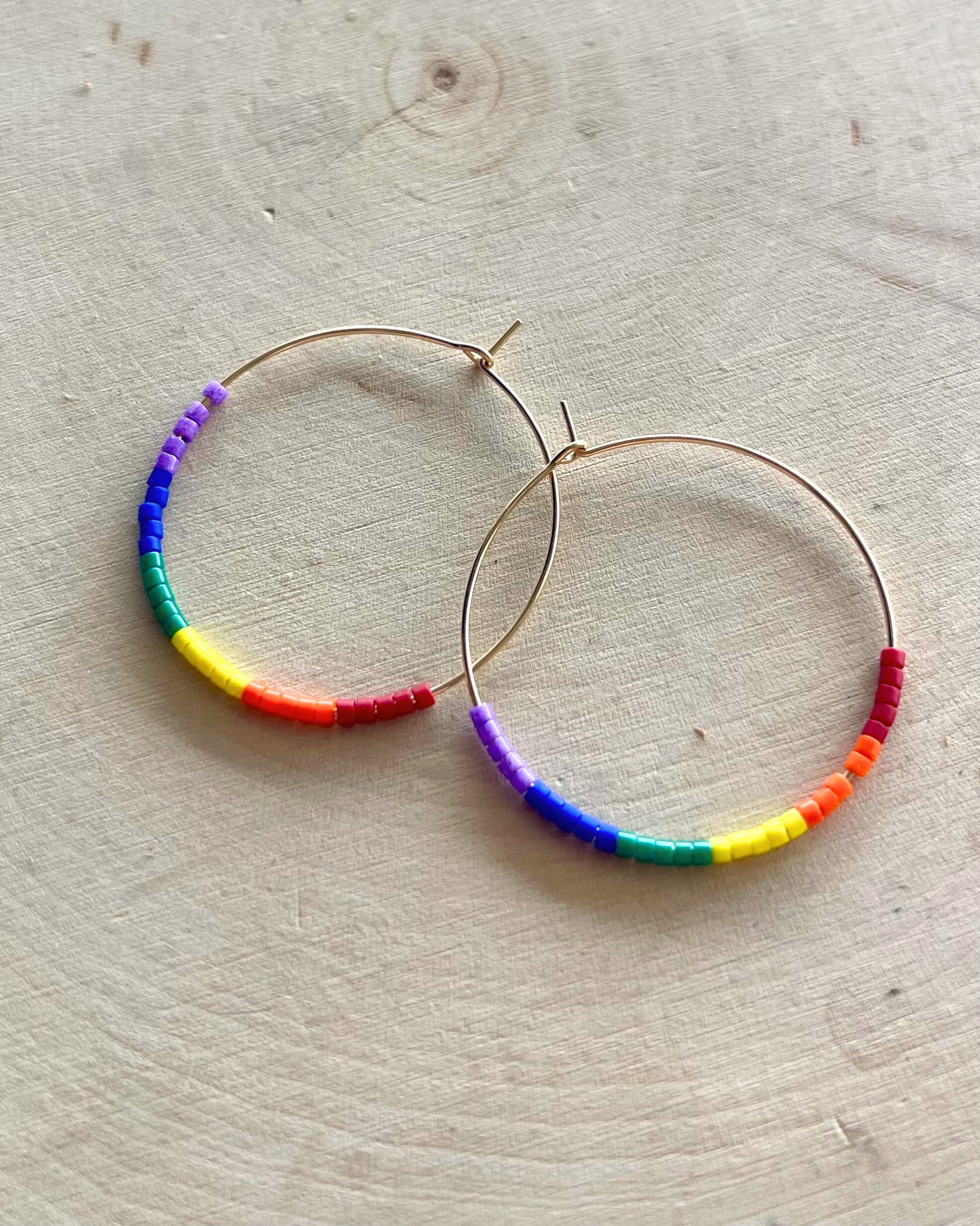 Pride Hoop Earring / Rainbow Beaded 14k Gold-filled