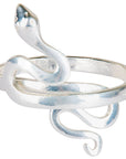 Silver snake-shaped ring on a white background