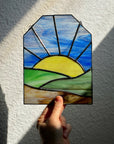 Handcrafted stained glass desertscape suncatcher. Stunning landscape window hanging & nature lover gift. Beautiful desert scene home decor.