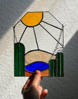 Handcrafted stained glass desertscape suncatcher. Stunning landscape window hanging & nature lover gift. Beautiful desert scene home decor.