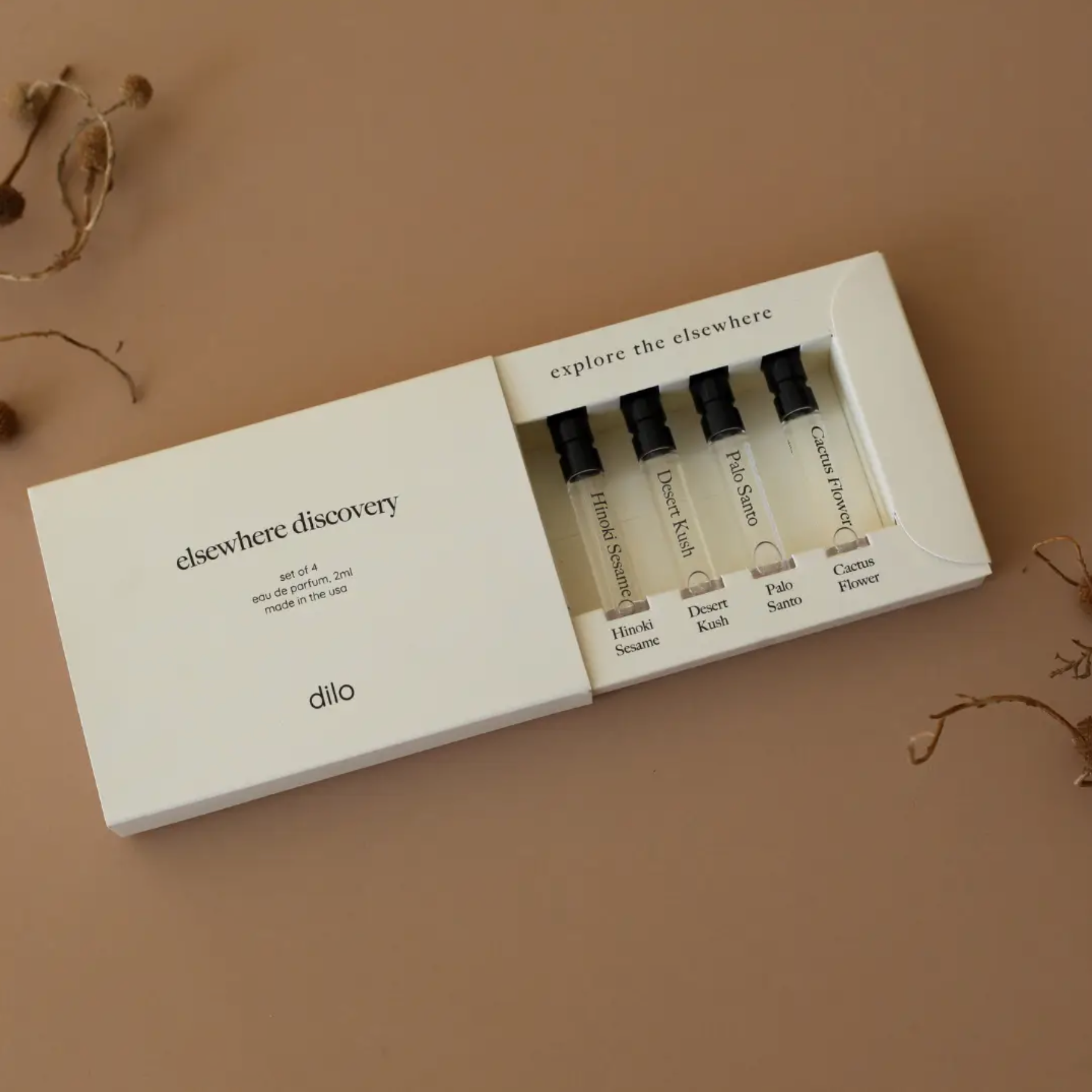 The Discovery Set comes in a set of four 2ml bottles: Palo Santo, Desert Kush, Cactus Flower, and Hinoki. This is a great starter set for those who are still new to the unisex parfum game!