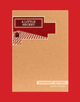 Kraft paper Imaginary Authors box with a red A Little Secret label, on a red background