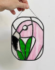 Handcrafted stained glass bird suncatcher. Flamingo, hummingbird & owl designs. Unique window decor & bird lover gift. Perfect for sunny windows.