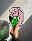 Handcrafted stained glass bird suncatcher. Flamingo, hummingbird & owl designs. Unique window decor & bird lover gift. Perfect for sunny windows.