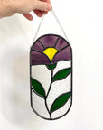 Handcrafted stained glass flower suncatcher. Tulip, blue bud, iris & poppy designs. Floral window decor & nature lover gift for sunny windows.