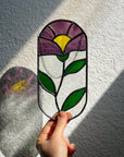 Handcrafted stained glass flower suncatcher. Tulip, blue bud, iris & poppy designs. Floral window decor & nature lover gift for sunny windows.