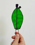 Handcrafted stained glass nopales prickly pear cactus plant stake. Unique boho garden decor & plant lover gift for pots & indoor planters.