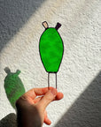 Handcrafted stained glass nopales prickly pear cactus plant stake. Unique boho garden decor & plant lover gift for pots & indoor planters.