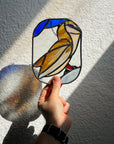Handcrafted stained glass bird suncatcher. Flamingo, hummingbird & owl designs. Unique window decor & bird lover gift. Perfect for sunny windows.